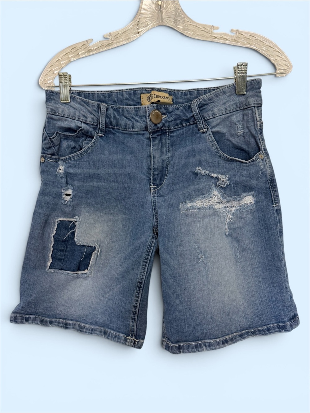 Democracy Distressed Denim Patch Shorts - Blue Wash